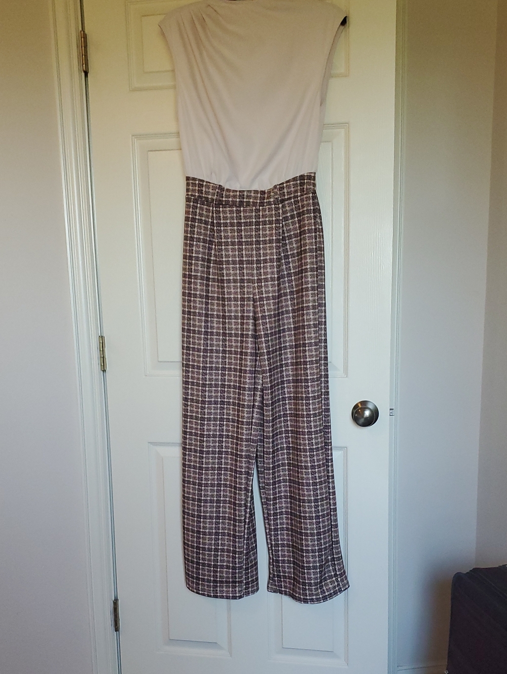 SHEIN Cream Bodice Plaid Wide-Leg Jumpsuit